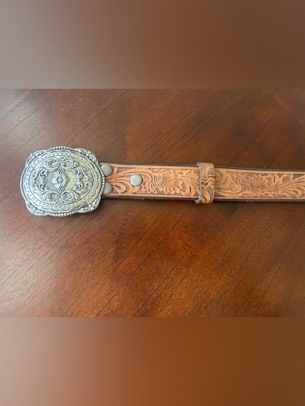 Nocona Tooled Brown Leather Belt with Ornate Silver-Tone Buckle - Picture 2 of 6